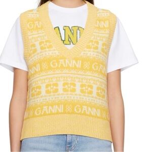 Ganni Yellow Patterned V-Neck Knit Vest